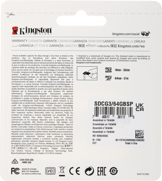 Флеш карта microSDXC 64Gb Class10 Kingston SDCG3/64GBSP Canvas Go! Plus w/o adapter