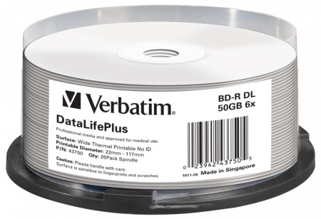 Диск BD-R Verbatim 50Gb 6x Cake Box (25шт) Double Layer Printable (43750)