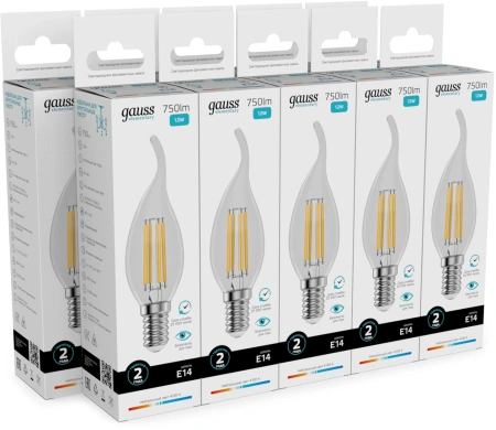 Лампа филам. Gauss Filament 12Вт цок.:E14 свеча 220B св.свеч.бел.нейт. (упак.:10шт) (42122)