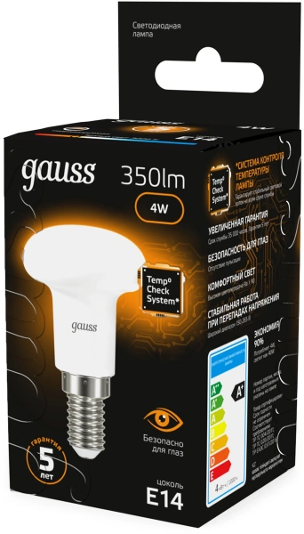 Лампа светодиодная Gauss R39 4Вт цок.:E14 (упак.:10шт) рефлек. 220B св.свеч.бел.теп. (106001104)