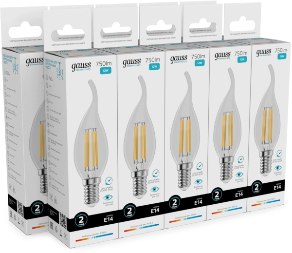 Лампа филам. Gauss Filament 12Вт цок.:E14 свеча 220B св.свеч.бел.нейт. (упак.:10шт) (42122)