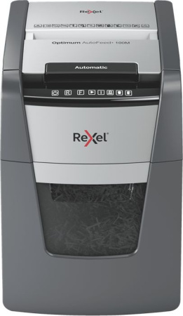 Шредер Rexel Optimum AutoFeed 100M черный с автоподачей (секр.P-5) фрагменты 100лист. 34лтр. скрепки скобы пл.карты