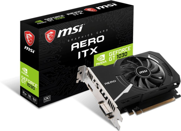 Видеокарта MSI PCI-E GT 1030 AERO ITX 2GD4 OC NVIDIA GeForce GT 1030 2048Mb 64 DDR4 1189/2100 HDMIx1 HDCP Ret