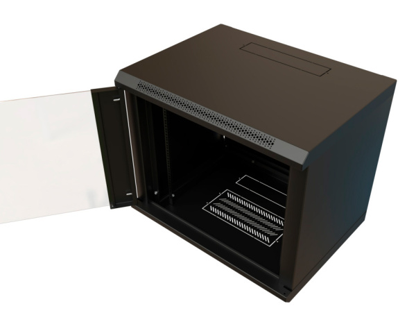 Шкаф коммутационный WRline (WR-TW-1245-GP-RAL9004) настенный 12U 600x450мм пер.дв.стекл 2 бок.пан. направл.под винты 60кг черный 350мм 650мм IP20 сталь