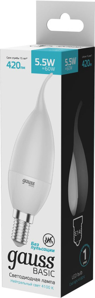 Лампа светодиодная Gauss Basic 1034116 5.5Вт цок.:E14 свеча 180B 3000K св.свеч.бел.теп. (упак.:10шт)