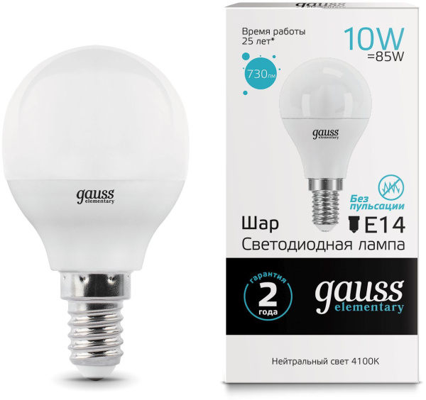 Лампа светодиодная Gauss Elementary 10Вт цок.:E14 шар 220B 4100K св.свеч.бел.нейт. (упак.:10шт) (53120)