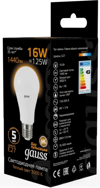 Лампа светодиодная Gauss A60 16Вт цок.:E27 груша 220B 3000K св.свеч.бел.теп. (упак.:1шт) (102502116)