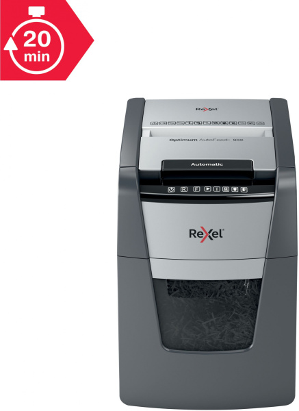 Шредер Rexel Optimum AutoFeed 90X черный с автоподачей (секр.P-4) фрагменты 90лист. 34лтр. скрепки скобы пл.карты
