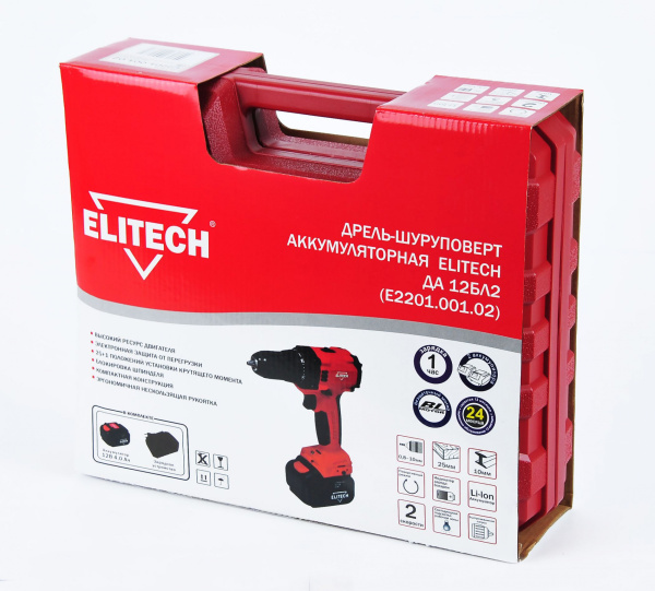 Дрель-шуруповерт Elitech ДА 12БЛ2 (Е2201.001.02) аккум. патрон:быстрозажимной (кейс в комплекте) (191606)