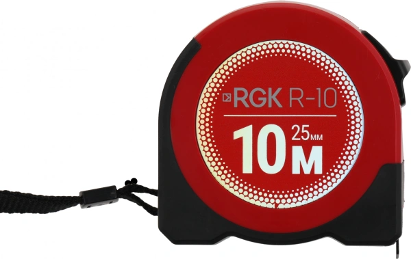 Рулетка строительная RGK R10 дл.полотна 10м изм.шкала в см зацеп простой красный/черный (755986)