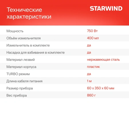 Блендер погружной Starwind SBP1111 750Вт белый
