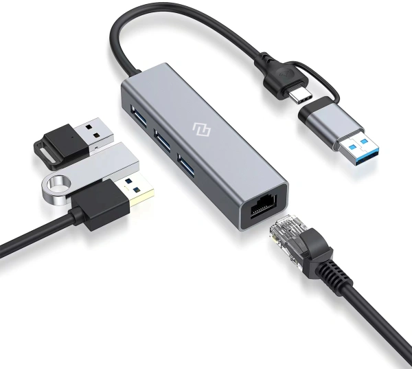 Разветвитель USB-C+ USB-A Digma DHUB-LAN-4port 4порт. черный