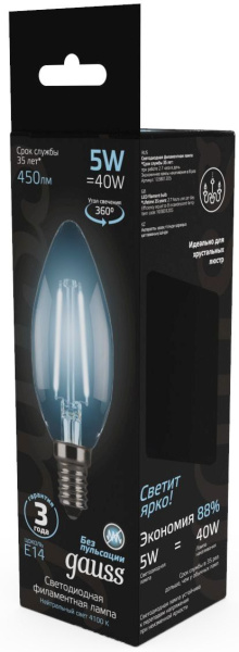 Лампа филам. Gauss 5Вт цок.:E14 свеча 220B 4100K св.свеч.бел.нейт. C37 (упак.:10шт) (103801205)