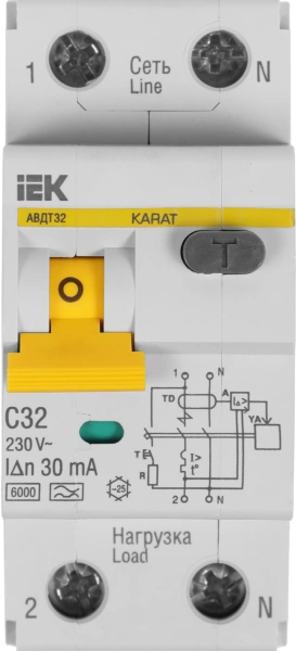 Выключатель автом. дифф. тока IEK MAD22-5-032-C-30 АВДТ 32 32A тип C 6kA 30мА A 1П+Н 230В 2мод белый (упак.:1шт)