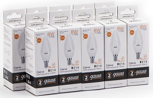 Лампа светодиодная Gauss 8Вт цок.:E14 свеча 220B 3000K св.свеч.бел.теп. C37 (упак.:1шт) (33118)