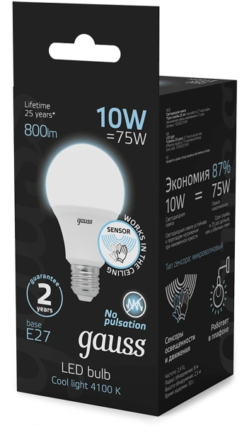 Лампа светодиодная Gauss 102502210-M 10Вт цок.:E27 груша 220B св.свеч.бел.нейт. A60 (упак.:10шт)