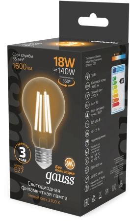 Лампа филам. Gauss Filament 18Вт цок.:E27 груша св.свеч.бел.теп. (упак.:10шт) (102902118)