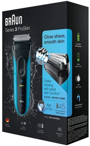 Бритва сетчатая Braun Series 3 3010S реж.эл.:3 питан.:аккум. синий/черный
