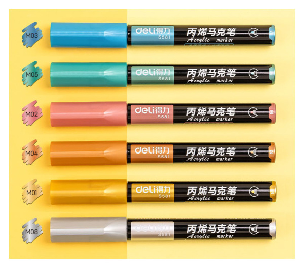 Маркер краска Deli S581 круглый пиш. наконечник 2мм 6цв. пакет с европодвесом (6шт.)