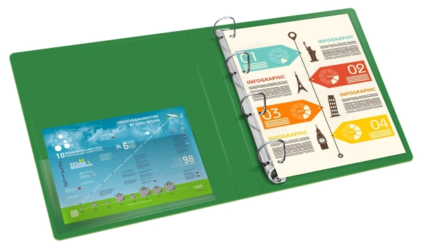 Папка на 4-х D-кольцах Бюрократ -0840/4DGRN A4 пластик 0.8мм кор.40мм внутр. с вставкой зеленый