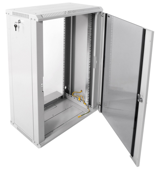 Шкаф коммутационный ЦМО ШРН-ЭКОНОМ (ШРН-Э-18.350) настенный 18U 600x350мм пер.дв.стекл направл.под закл.гайки 85кг серый 300мм 22.14кг 180град. 878мм IP20 сталь