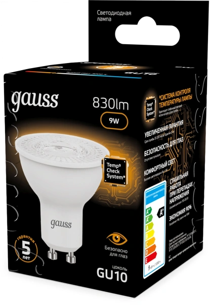 Лампа светодиодная Gauss 101506109 9Вт цок.:GU10 рефлек. 220B св.свеч.бел.теп. MR16 (упак.:10шт)