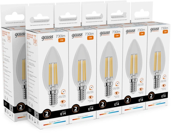 Лампа филам. Gauss Filament 12Вт цок.:E14 свеча 220B св.свеч.бел.теп. (упак.:10шт) (32112)