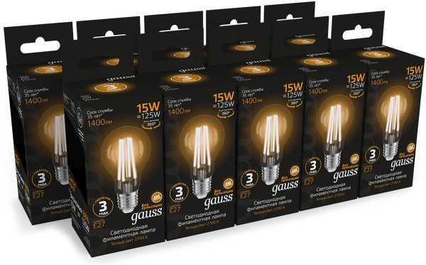Лампа светодиодная Gauss Filament 102902115 15Вт цок.:E27 груша 220B св.свеч.бел.теп. (упак.:10шт)