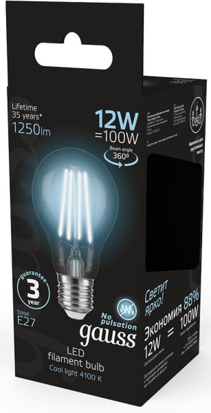 Лампа светодиодная Gauss Filament 102902212 12Вт цок.:E27 груша 185B 4100K св.свеч.бел.нейт. грушевидная (упак.:1шт)
