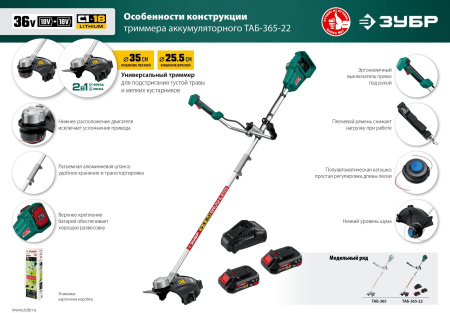 Триммер электрический Зубр ТАБ-365-22 аккум. разбор.штан. реж.эл.:леска/нож