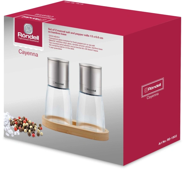 Мельница для перца/соли Rondell Cayenna RD-1802 стальной наб.:3предм. упак.:подарочная коробка