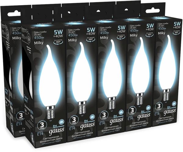 Лампа филам. Gauss Filament 5Вт цок.:E14 (упак.:10шт) свеча 220B св.свеч.бел.нейт. (104201205)