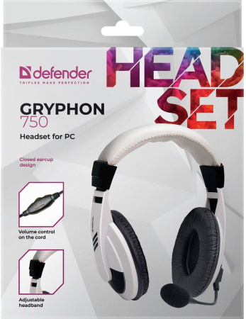 Наушники с микрофоном Defender Gryphon HN-750 белый/черный 2м накладные оголовье (63747)