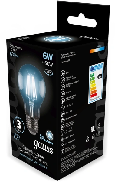 Лампа филам. Gauss Filament A60 6Вт цок.:E27 груша 220B св.свеч.бел.нейт. (упак.:10шт) (102802206)