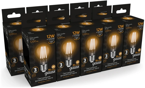 Лампа светодиодная Gauss Filament 102902112 12Вт цок.:E27 груша 185B св.свеч.бел.теп. грушевидная (упак.:10шт)