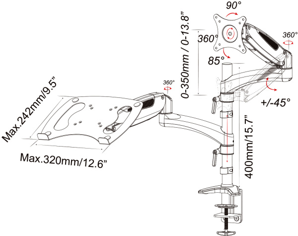 Кронштейн для монитора/ноутбука Cactus CS-VM-LH08-AL серебряный 13"-27" макс.8кг настольный поворот и наклон
