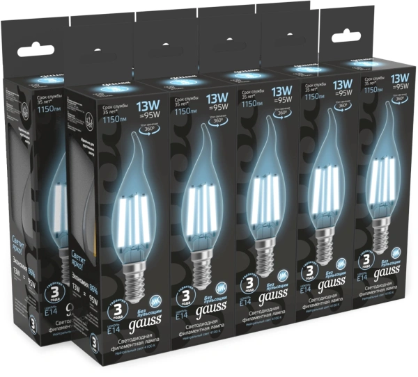 Лампа филам. Gauss Filament 13Вт цок.:E14 свеча 220B св.свеч.бел.нейт. (упак.:10шт) (104801213)