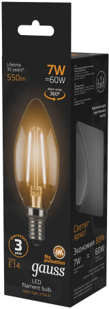 Лампа филам. Gauss 7Вт цок.:E14 свеча 220B 2700K св.свеч.бел.теп. C37 (упак.:10шт) (103801107)