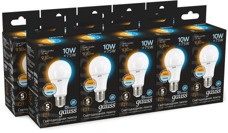 Лампа светодиодная Gauss A60 10Вт цок.:E27 груша 220B св.свеч.бел.теп. (упак.:10шт) (102502110-T)