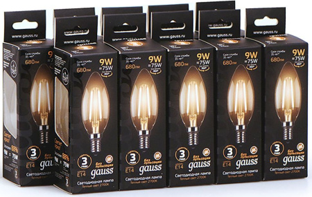 Лампа филам. Gauss 9Вт цок.:E14 свеча 220B 2700K св.свеч.бел.теп. C37 (упак.:10шт) (103801109)