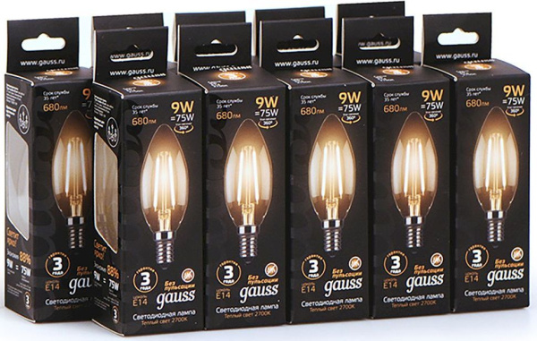 Лампа филам. Gauss 9Вт цок.:E14 свеча 220B 2700K св.свеч.бел.теп. C37 (упак.:10шт) (103801109)