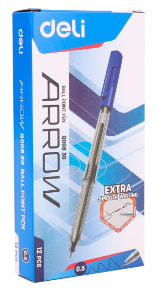 Ручка шариков. Deli Arrow EQ00830 прозрачный/синий d=0.5мм син. черн.