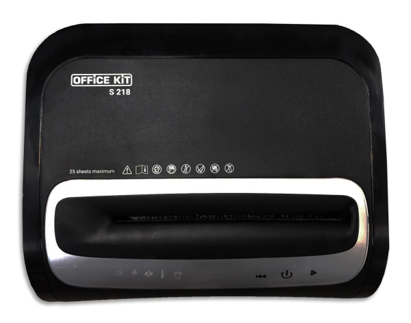 Шредер Office Kit S218 (1,9x13) черный (секр.P-5) фрагменты 22лист. 30лтр. скрепки скобы пл.карты CD