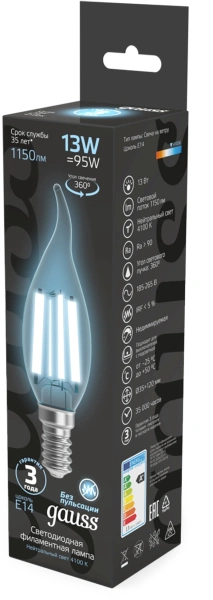 Лампа филам. Gauss Filament 13Вт цок.:E14 свеча 220B св.свеч.бел.нейт. (упак.:10шт) (104801213)