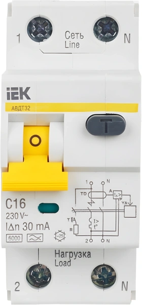 Выключатель автом. дифф. тока IEK MAD22-5-016-C-30 АВДТ 32 16A тип C 6kA 30мА A 1П+Н 230В 2мод белый (упак.:1шт)