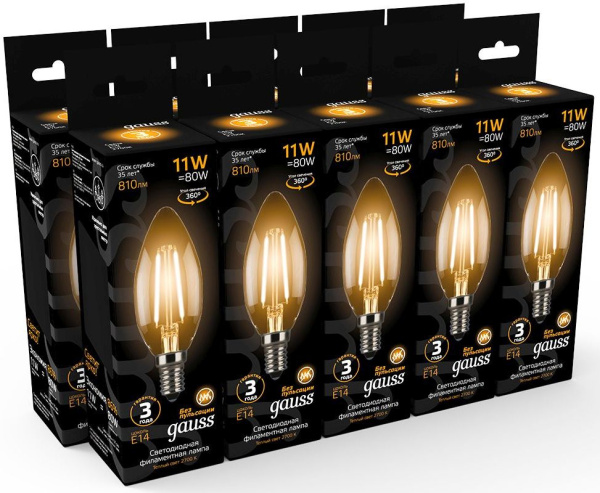 Лампа филам. Gauss 11Вт цок.:E14 свеча 220B 2700K св.свеч.бел.теп. C37 (упак.:10шт) (103801111)