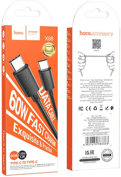 Кабель Hoco X88 Gratified X88 GRATIFIED 60W USB Type-C-USB Type-C 1м черный коробка