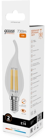 Лампа филам. Gauss Filament 12Вт цок.:E14 свеча 220B св.свеч.бел.теп. (упак.:10шт) (42112)