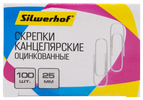 Скрепки Silwerhof 491028 металл оцинкованные 25мм (упак.:100шт) картонная коробка