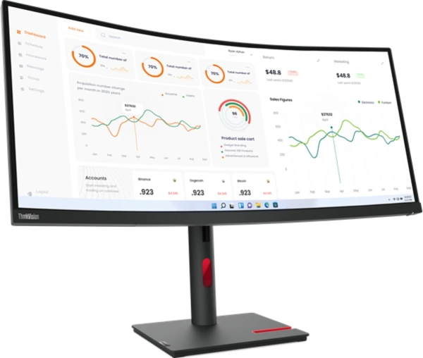 Монитор Lenovo 34" ThinkVision T34w-30 черный VA LED 21:9 HDMI матовая HAS Piv 3000:1 350cd 178гр/178гр 3440x1440 60Hz DP QHD USB 9.5кг